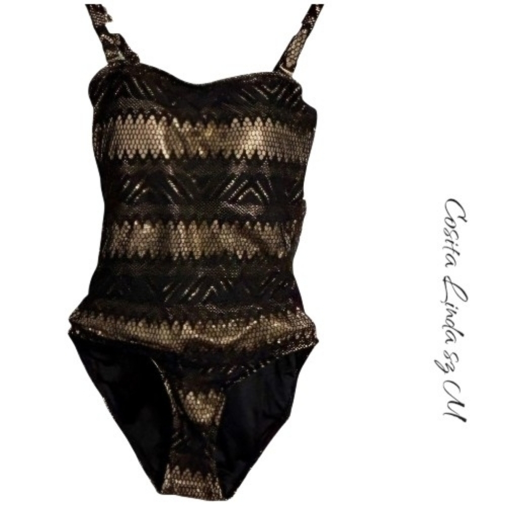 Cosita Linda Black & Gold Crochet Metallic Overlay One Piece Swimsuit sz M